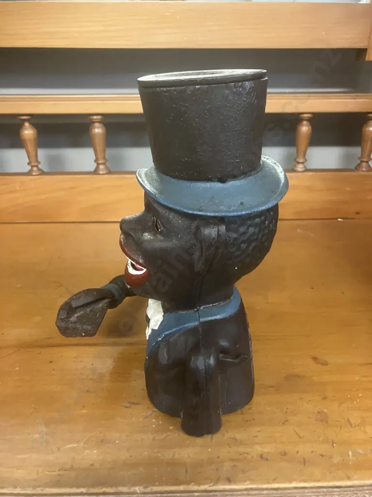 Antique Painted Cast Iron Mechanical Money Bank With Original Paintwork & Base Plate. H20cm Image 1++