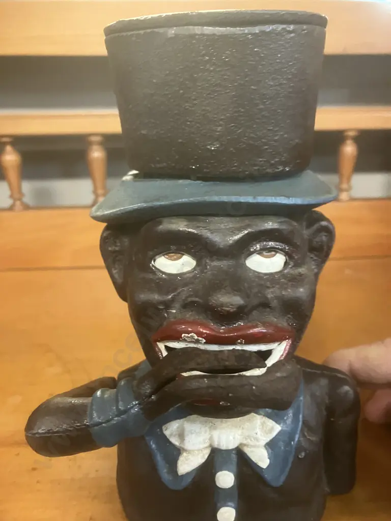 Antique Painted Cast Iron Mechanical Money Bank With Original Paintwork & Base Plate. H20cm Image 1++