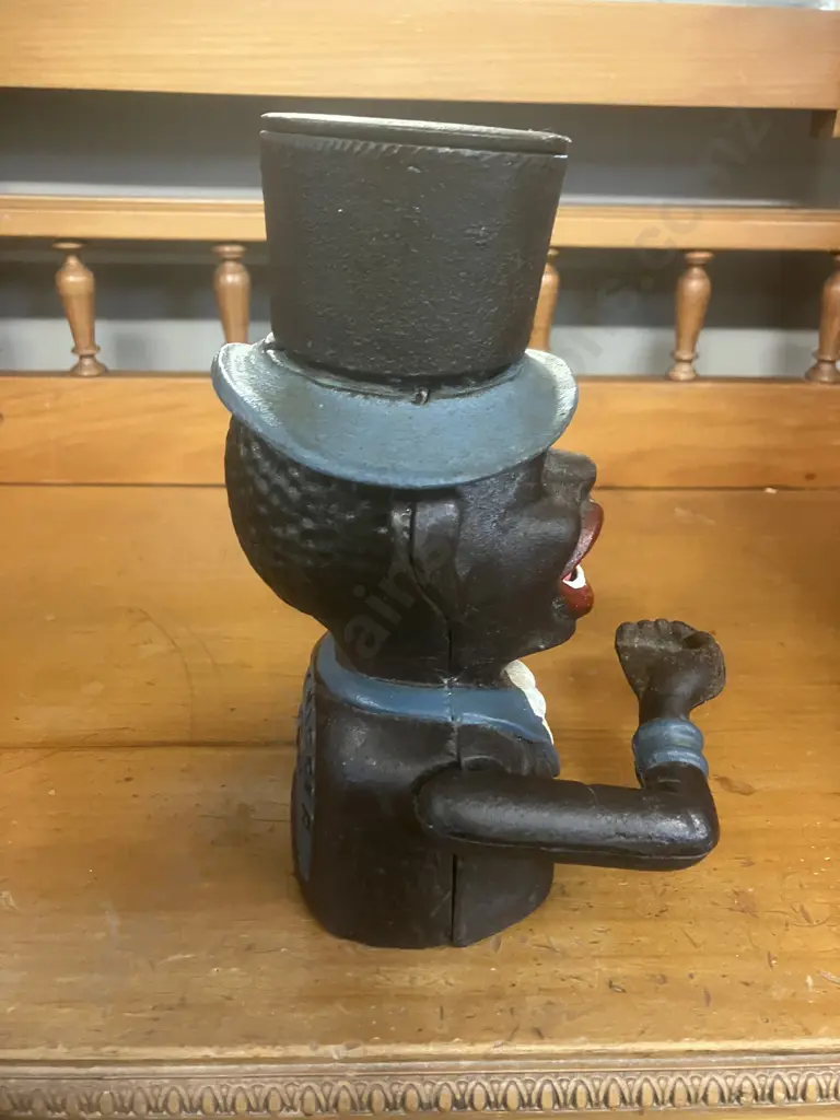 Antique Painted Cast Iron Mechanical Money Bank With Original Paintwork & Base Plate. H20cm Image 1++