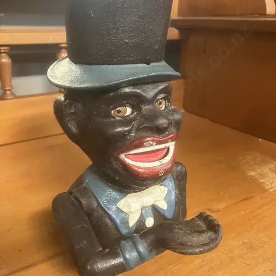 Antique Painted Cast Iron Mechanical Money Bank With Original Paintwork & Base Plate. H20cm