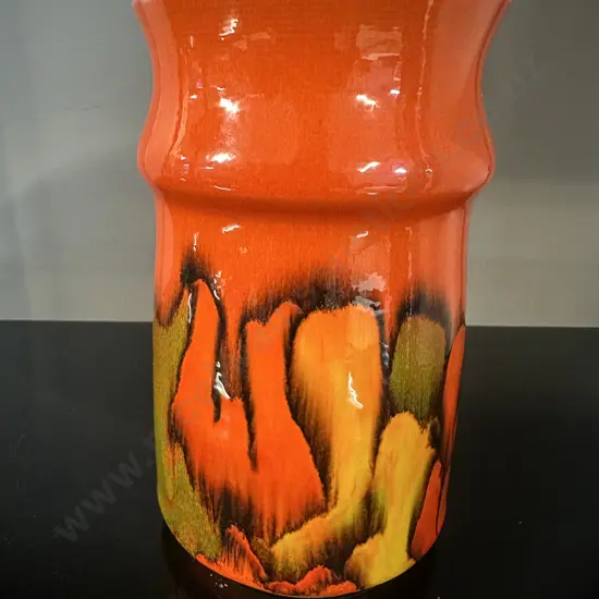 Poole Pottery Delphis Vase Signed Carolyn Wills Orange With Abstract Glaze Pattern #D183 H15cm.