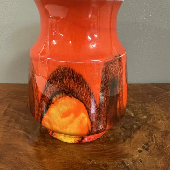 Poole Pottery Delphis Vase Signed Jeanette Spode Red Orange & Yellow Tones H13.5cm.