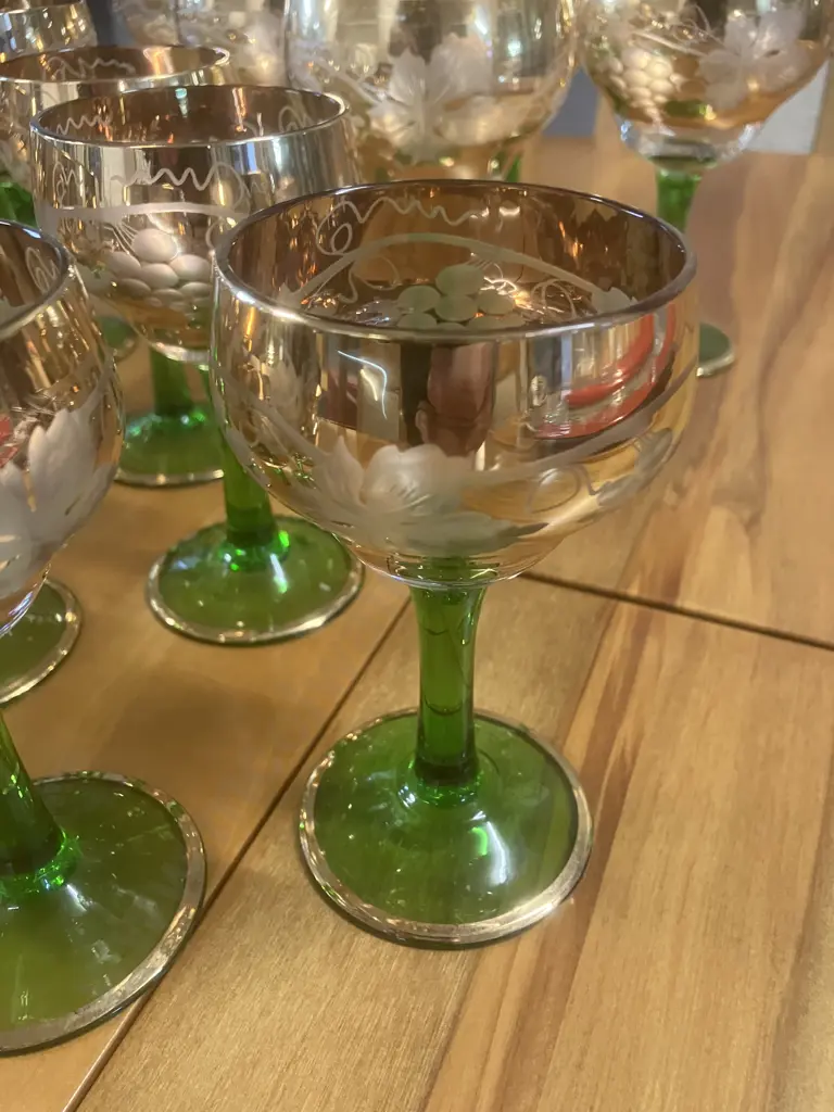 Stunning Mid-Century 24 Piece Glass Set - Gold Rim With Grapes & Leaves On Narrow Green Stem Image 1++
