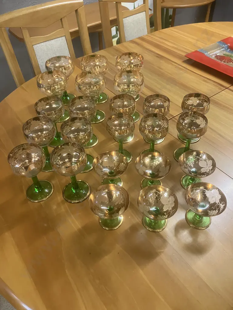 Stunning Mid-Century 24 Piece Glass Set - Gold Rim With Grapes & Leaves On Narrow Green Stem Image 1++