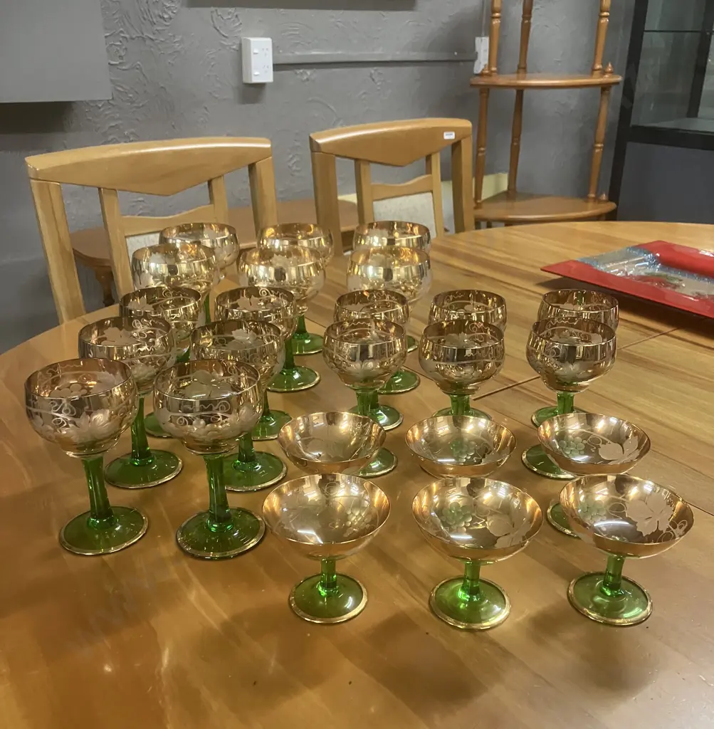 Stunning Mid-Century 24 Piece Glass Set - Gold Rim With Grapes & Leaves On Narrow Green Stem Image 1++