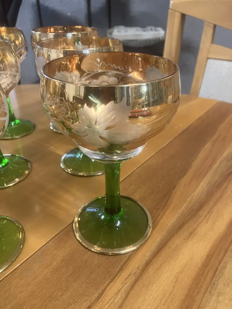 Stunning Mid-Century 24 Piece Glass Set - Gold Rim With Grapes & Leaves On Narrow Green Stem Image 1++