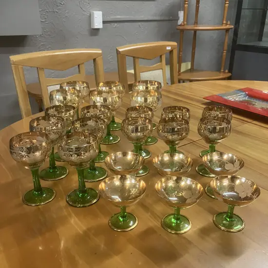 Stunning Mid-Century 24 Piece Glass Set - Gold Rim With Grapes & Leaves On Narrow Green Stem