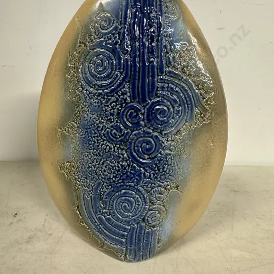 Temuka Pottery Malaysia Vase Textured Blue Swirl Pattern Warn Toned Base H20cm.