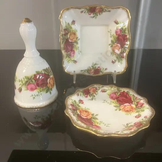 Royal Albert Old Country Roses Bone China Hand Bell, Pin Dish & Square Dish -  Made in England. 1962-1973