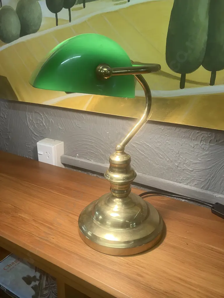 Polished Brass Effect Bankers Lamp With Green Glass Shade. H36cm Image 1++