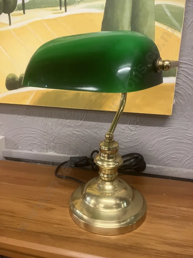 Polished Brass Effect Bankers Lamp With Green Glass Shade. H36cm Image 1++