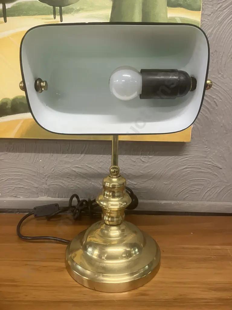Polished Brass Effect Bankers Lamp With Green Glass Shade. H36cm Image 1++