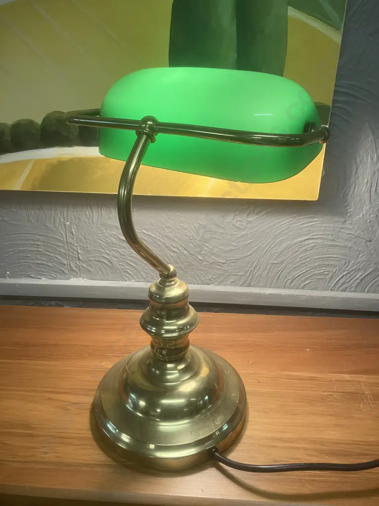 Polished Brass Effect Bankers Lamp With Green Glass Shade. H36cm Image 1++