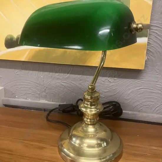 Polished Brass Effect Bankers Lamp With Green Glass Shade. H36cm