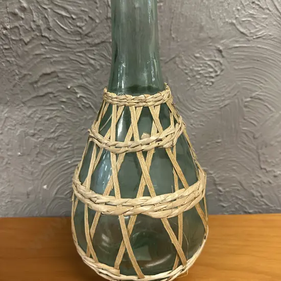 Vintage Green Glass Demijohn Bottle Wrapped In A Woven Wicker Detail H38cm.