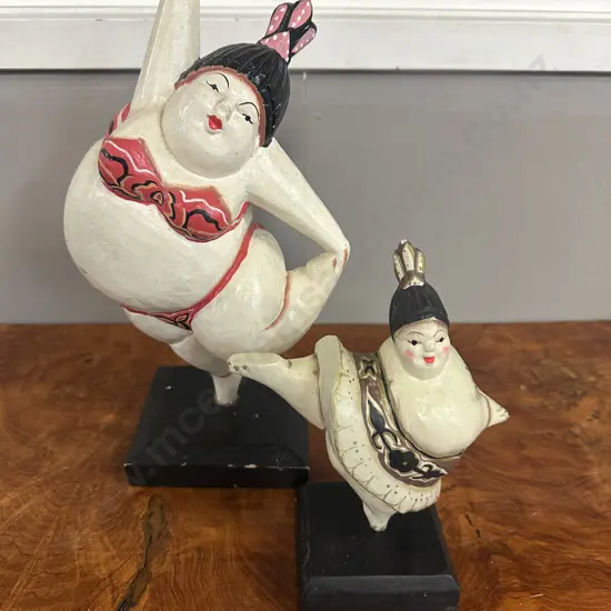 Wooden Balinese Figurines Depicting Plump Dancing Woman 