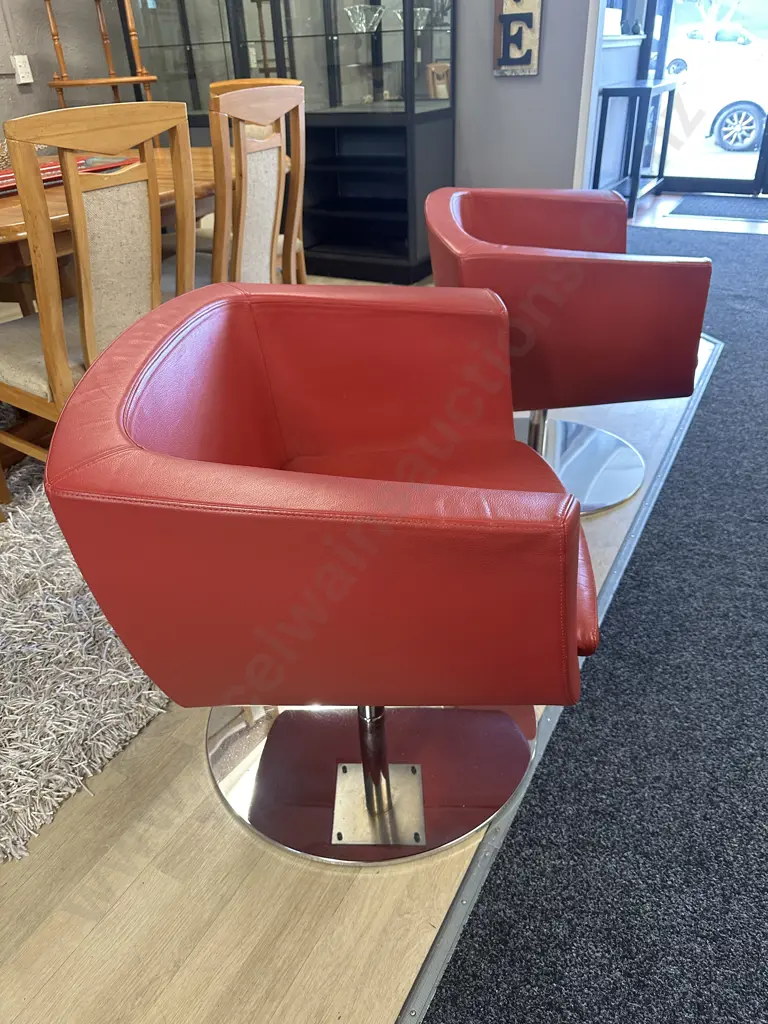 Pair Of Red Leather Tulip Shaped Arm Chairs On Round Chrome Bases W80cm. Image 1++