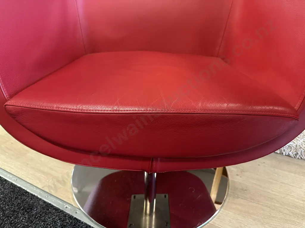 Pair Of Red Leather Tulip Shaped Arm Chairs On Round Chrome Bases W80cm. Image 1++