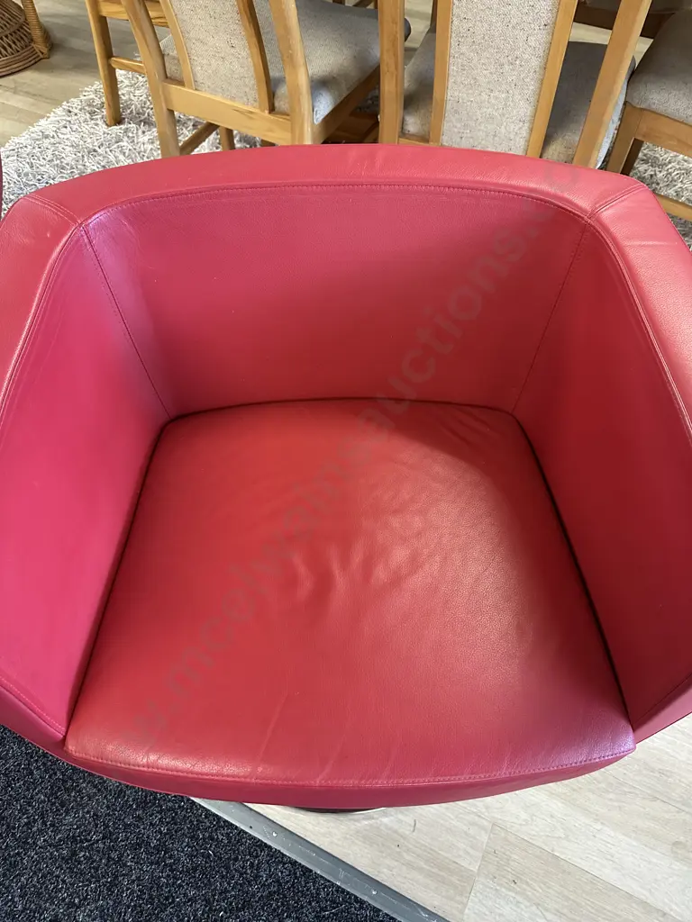 Pair Of Red Leather Tulip Shaped Arm Chairs On Round Chrome Bases W80cm. Image 1++