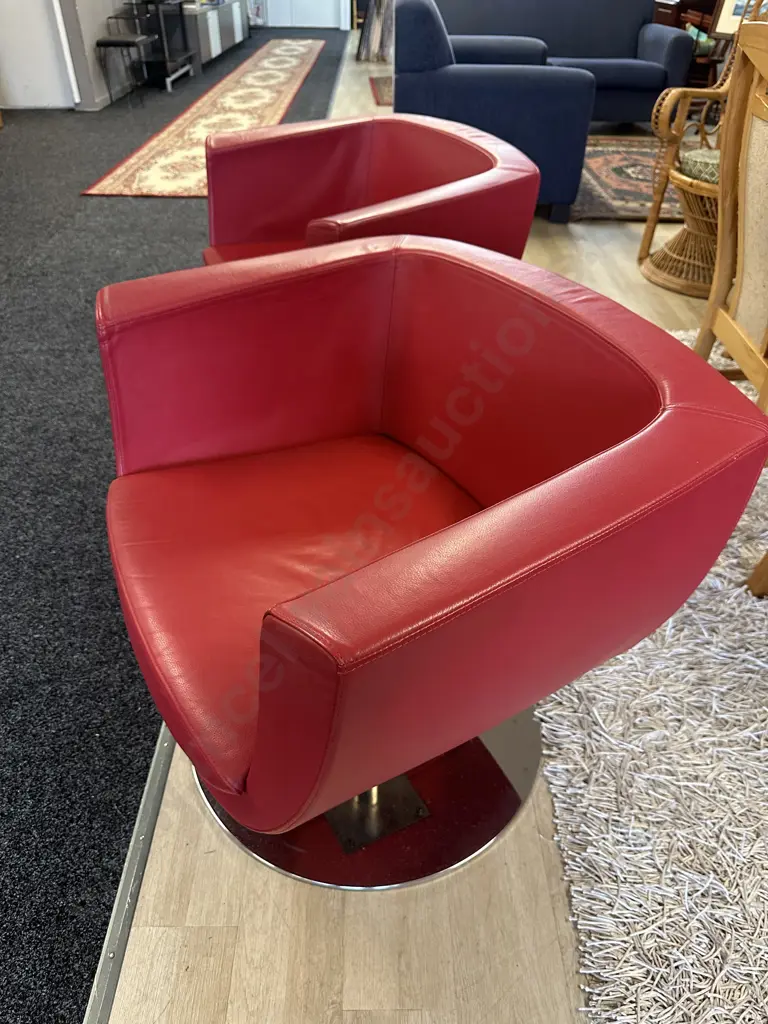 Pair Of Red Leather Tulip Shaped Arm Chairs On Round Chrome Bases W80cm. Image 1++
