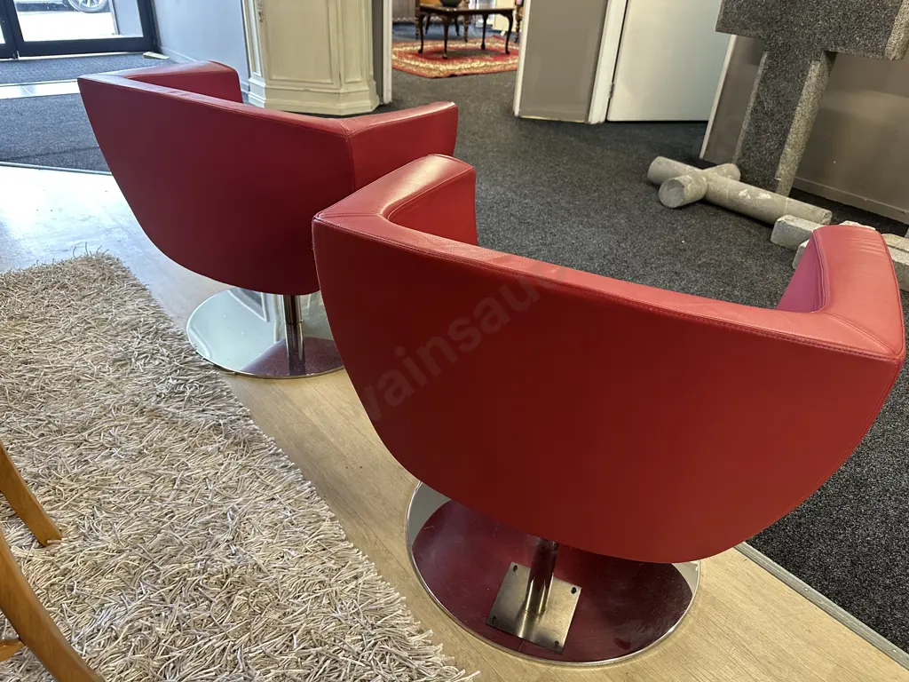 Pair Of Red Leather Tulip Shaped Arm Chairs On Round Chrome Bases W80cm. Image 1++