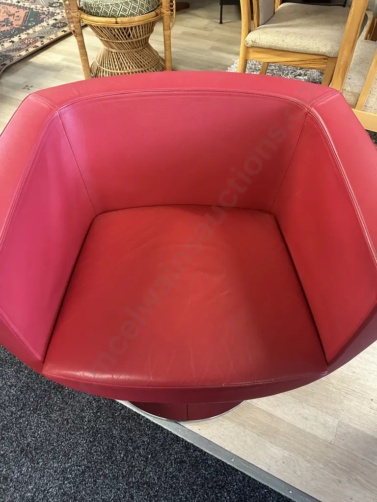 Pair Of Red Leather Tulip Shaped Arm Chairs On Round Chrome Bases W80cm. Image 1++