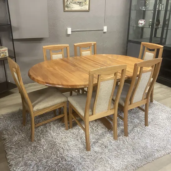 Round Rimu Extension Dining Table (H76 D118 L118 - 167cm) Six Chairs With Oatmeal Colour Fabric