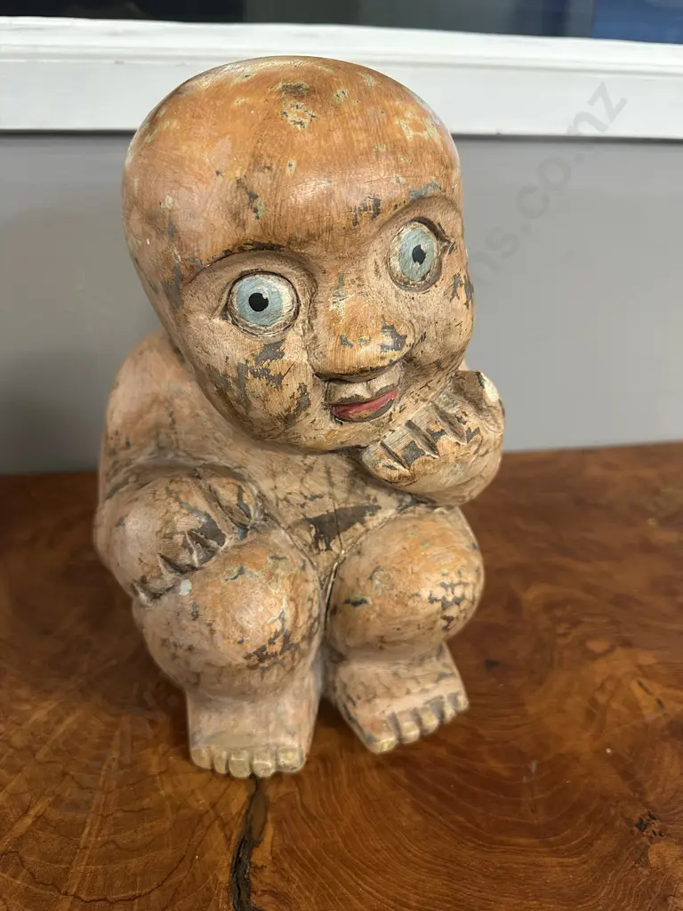 Wooden Hand Carved Painted Sculpture Child Seated H27cm. Image 1++