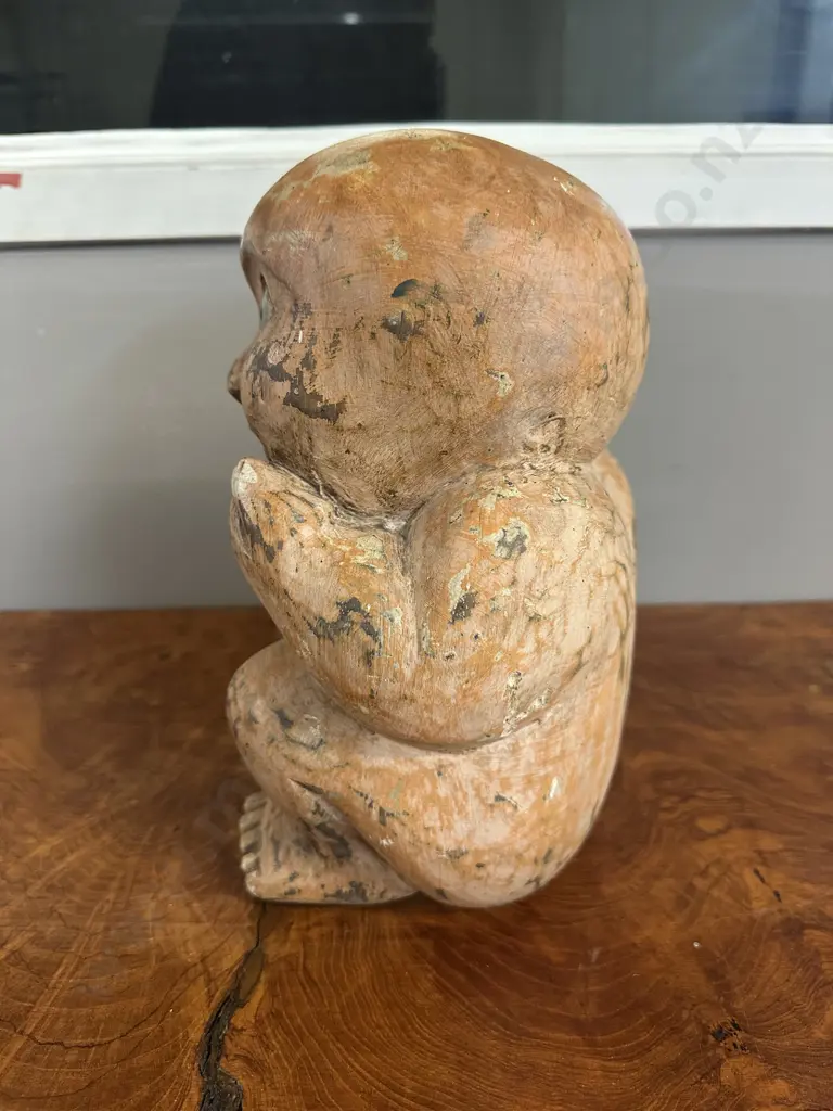 Wooden Hand Carved Painted Sculpture Child Seated H27cm. Image 1++
