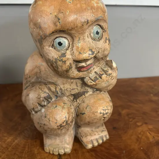 Wooden Hand Carved Painted Sculpture Child Seated H27cm.