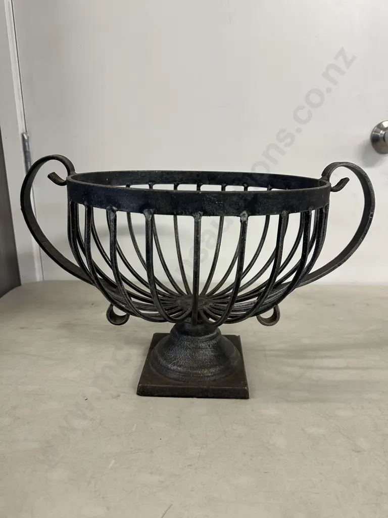 Decorative Double Handle Wrought Iron Bowl On Square Pedestal Base H26cm. Image 1++