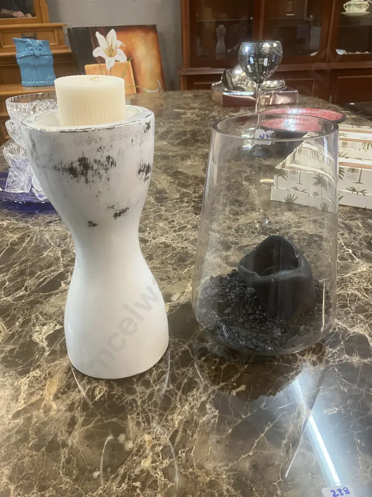 Footed Cone Glass Candle Holder With Black Candle & Chips H26cm. And White Candle Holder With Candle Image 1++