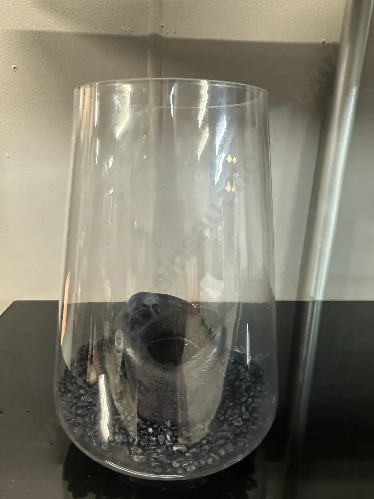 Footed Cone Glass Candle Holder With Black Candle & Chips H26cm. Image 1++