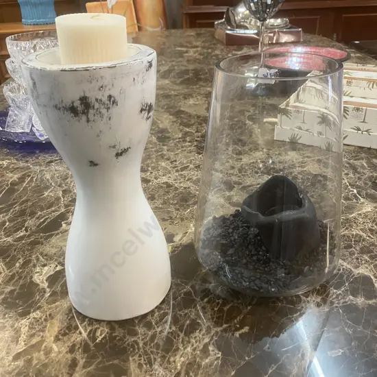 Footed Cone Glass Candle Holder With Black Candle & Chips H26cm. And White Candle Holder With Candle