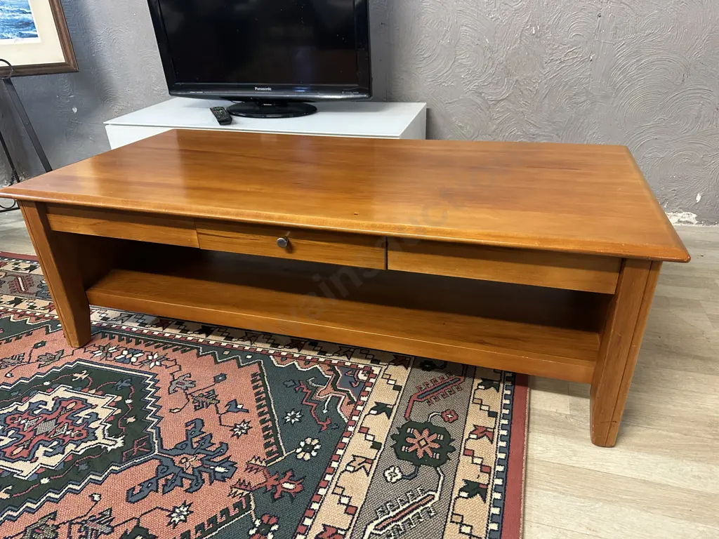 Rimu Rectangular Coffee Table Single Drawer With Shelf H45 W138 D67cm. Image 1++