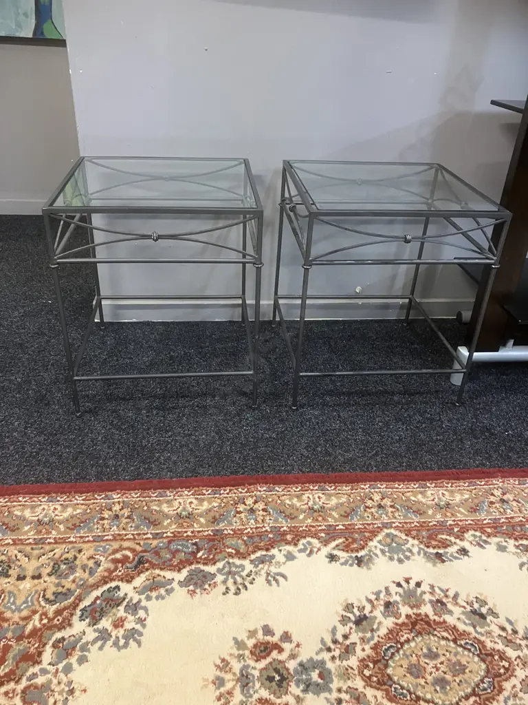Pair of Square Glass Topped Wrought Side Tables. 48 x 41cm Image 1++