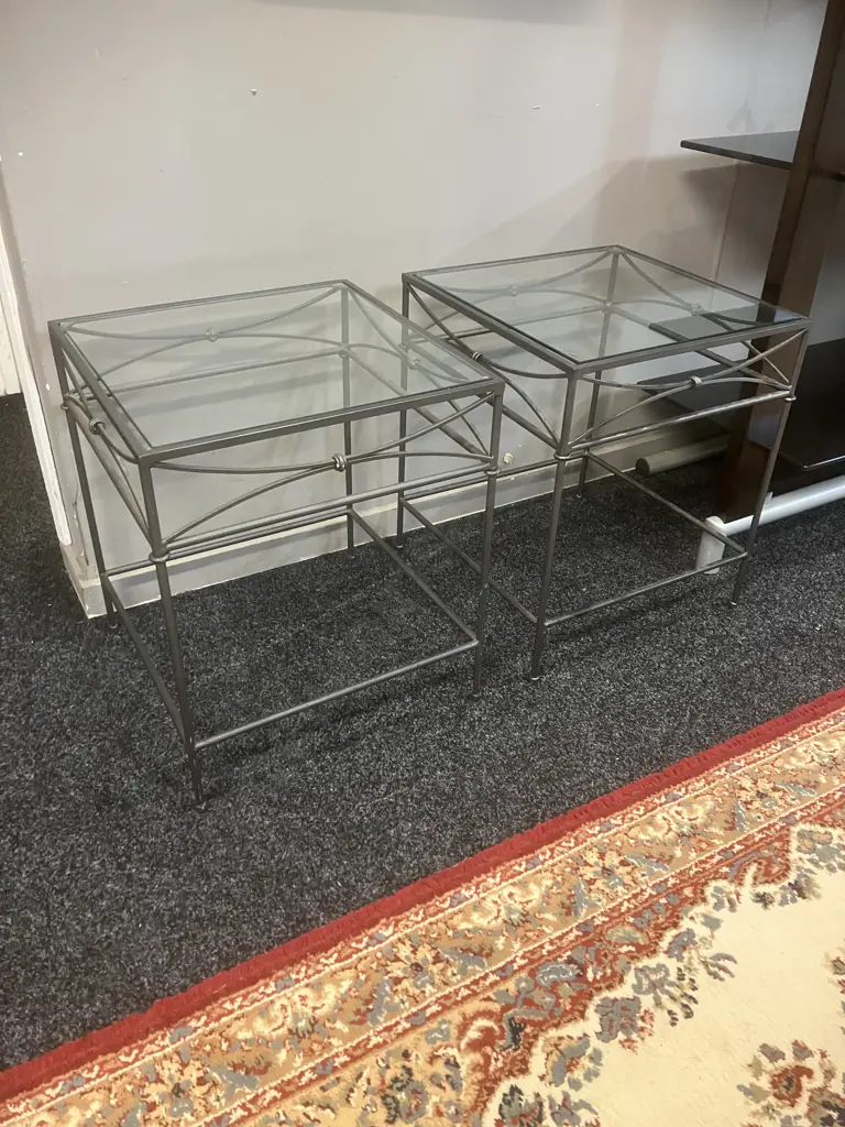 Pair of Square Glass Topped Wrought Side Tables. 48 x 41cm Image 1++