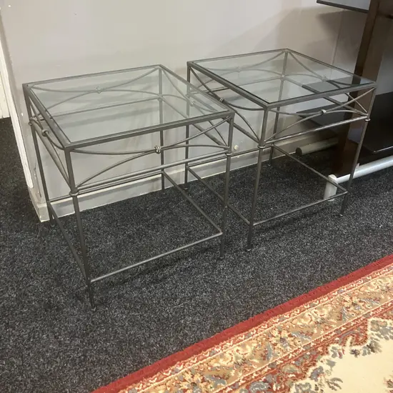 Pair of Square Glass Topped Wrought Side Tables. 48 x 41cm