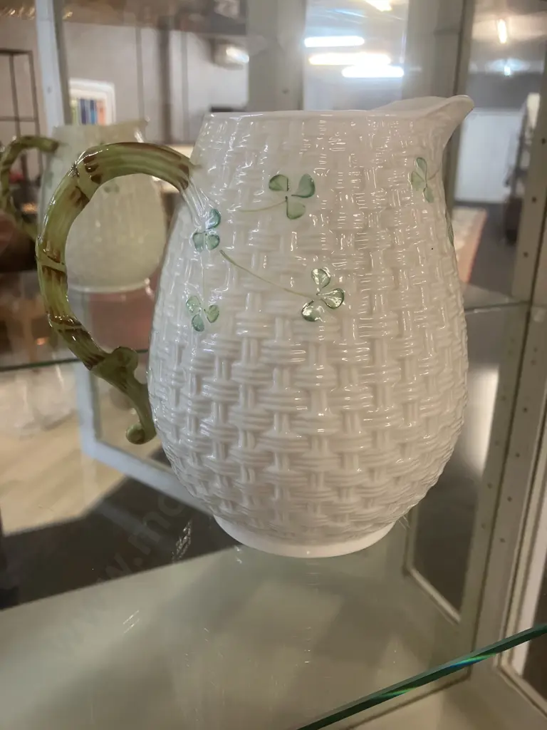 Belleek Ireland Shamrock Basket Weave Porcelain Pitcher. H16cm (Stamped 6th Mark.1965-1980) Image 1++