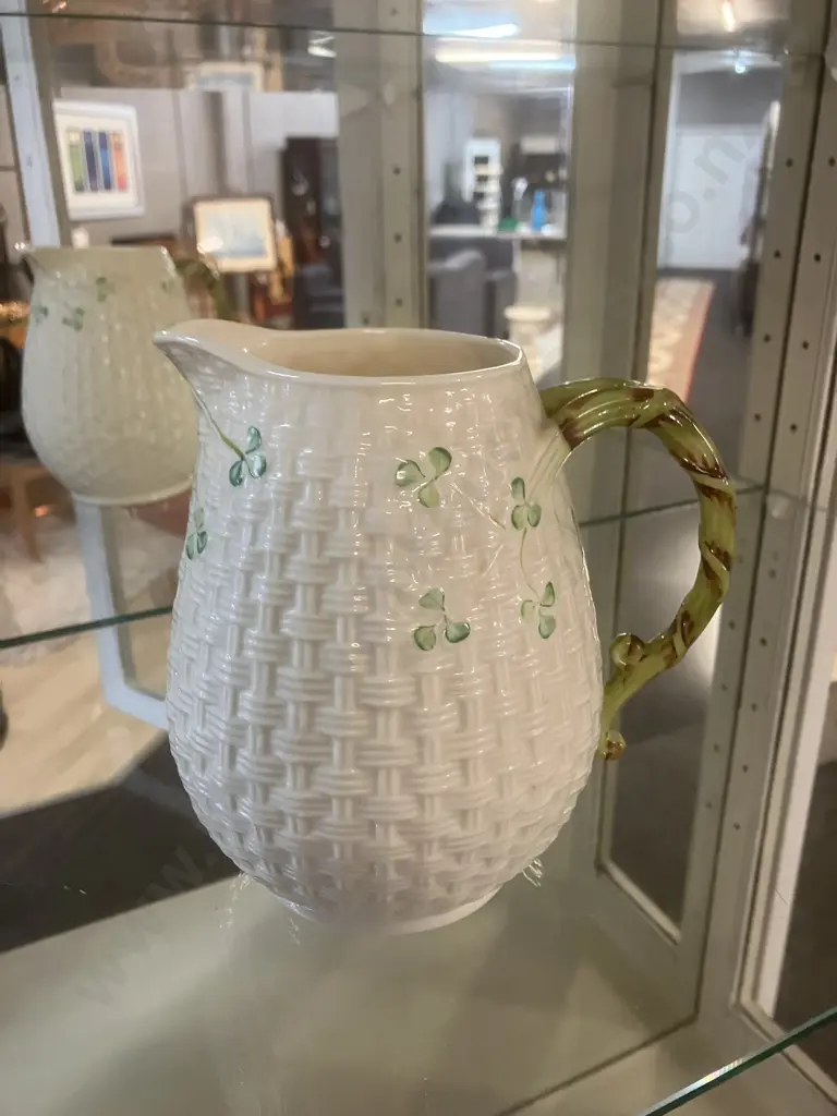 Belleek Ireland Shamrock Basket Weave Porcelain Pitcher. H16cm (Stamped 6th Mark.1965-1980) Image 1++