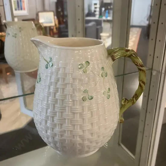 Belleek Ireland Shamrock Basket Weave Porcelain Pitcher. H16cm (Stamped 6th Mark.1965-1980)