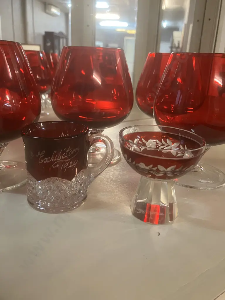 Vintage Brandy Glasses - Ruby Red On A Clear Twisted Stem x 4. With Pair of Antique Ruby Red Glasses Image 1++