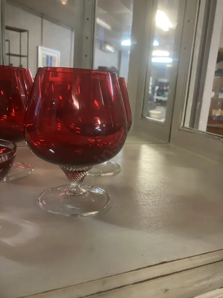 Vintage Brandy Glasses - Ruby Red On A Clear Twisted Stem x 4. With Pair of Antique Ruby Red Glasses Image 1++