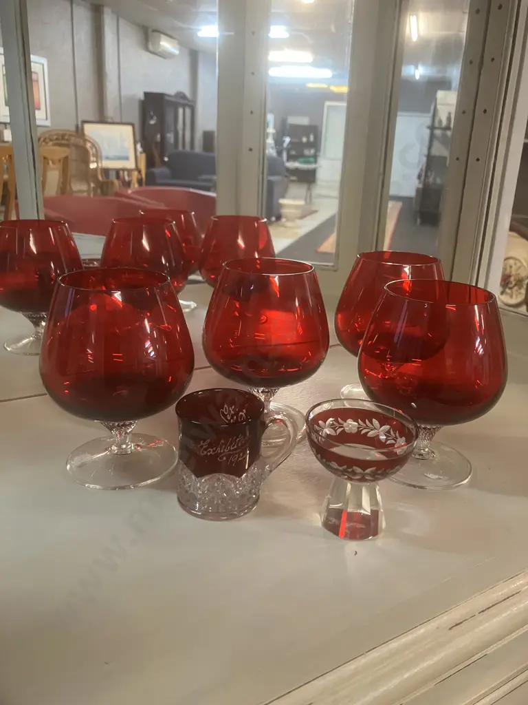 Vintage Brandy Glasses - Ruby Red On A Clear Twisted Stem x 4. With Pair of Antique Ruby Red Glasses Image 1++