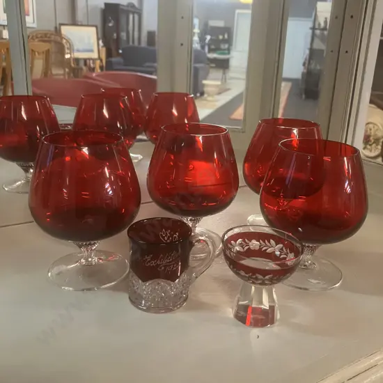 Vintage Brandy Glasses - Ruby Red On A Clear Twisted Stem x 4. With Pair of Antique Ruby Red Glasses