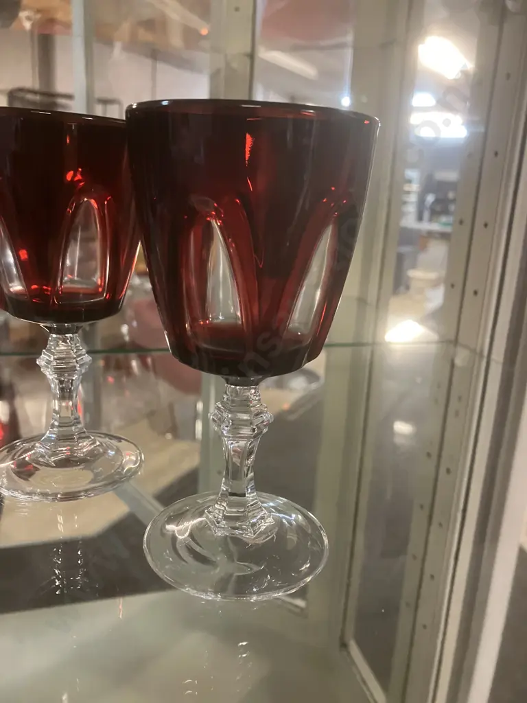 1970's Vintage Cristal D'Arques-Durand "Gothic Arch" Ruby Red Cut To Clear Water Goblets x 5. H13cm Image 1++