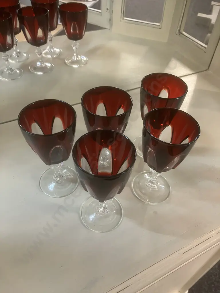 1970's Vintage Cristal D'Arques-Durand "Gothic Arch" Ruby Red Cut To Clear Water Goblets x 5. H13cm Image 1++