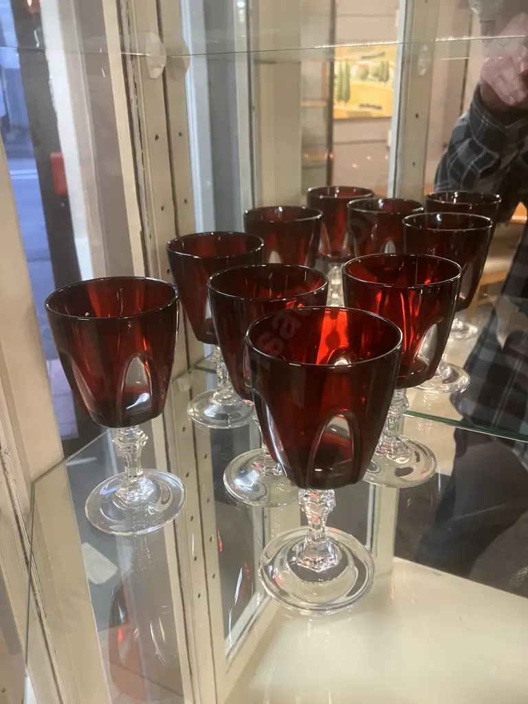 1970's Vintage Cristal D'Arques-Durand "Gothic Arch" Ruby Red Cut To Clear Water Goblets x 5. H13cm Image 1++