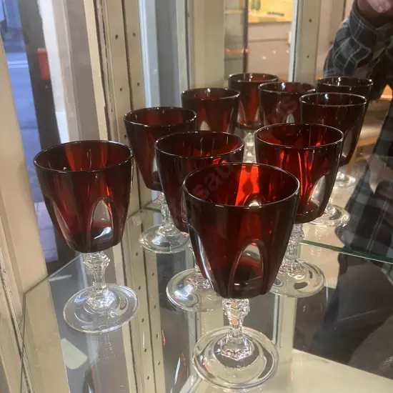 1970's Vintage Cristal D'Arques-Durand "Gothic Arch" Ruby Red Cut To Clear Water Goblets x 5. H13cm