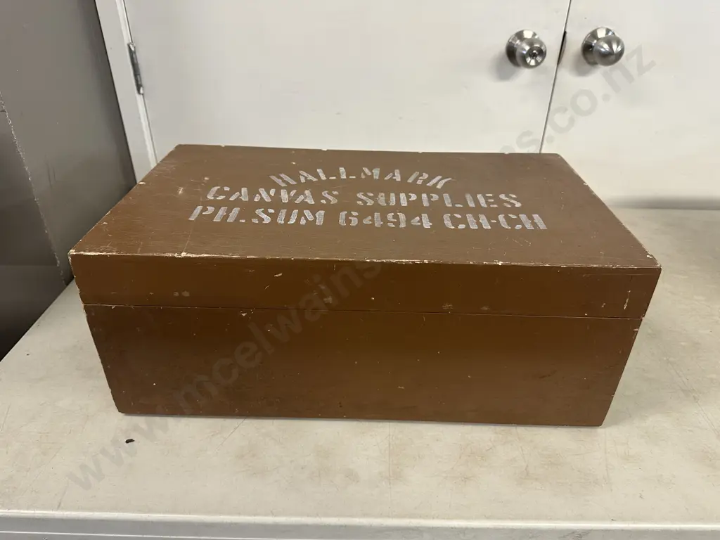 Vintage Wooden Storage Box Stenciled Text Hallmark Canvas Supplies H22 W57 D33cm. Image 1++